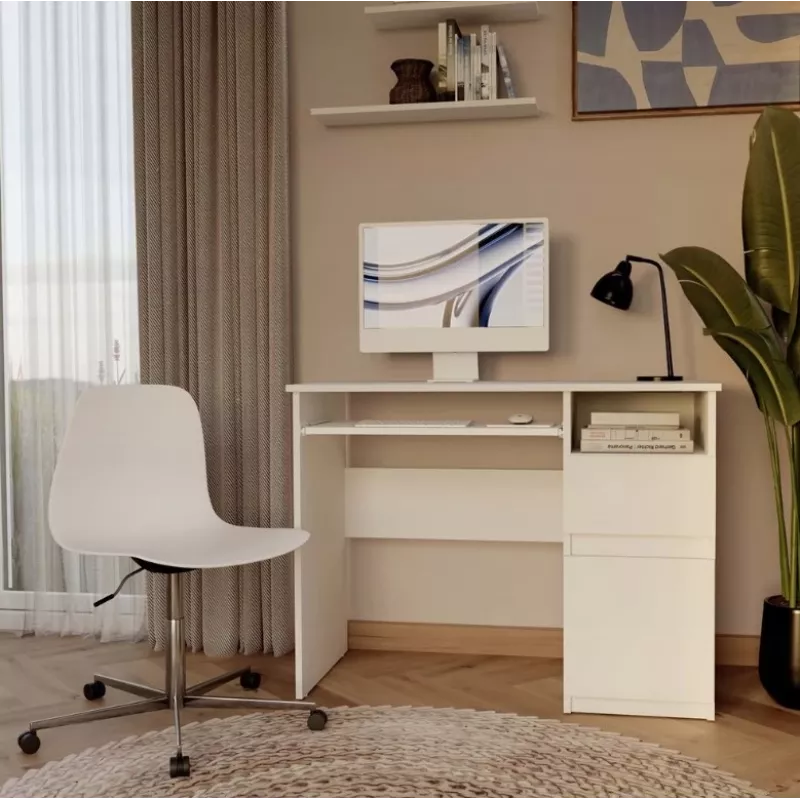 Stalinis kompiuterinis stalas PORTO Desk Right White, 985×510×755 mm, 1 stalčius, klaviatūros lentyna