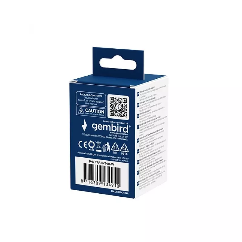 Universalus kelioninis adapteris GEMBIRD TPA-INT-01-W, įvadas 100–250V, G tipo kištukas, 84×56×85 mm
