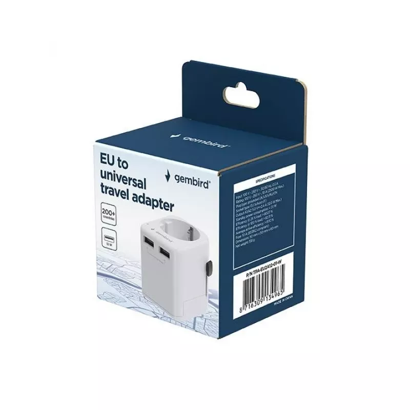 Universalus kelioninis adapteris GEMBIRD TPA-EU2A12-01-W 12W USB maitinimo adapteris tarptautiniams kištukams