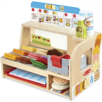 Melissa & Doug Wooden Slice & Stack Sandwich Counter with Deli Slicer – 56 dalių medinė sumuštinių prekystalio žaidimo rinkinys su pjaustykle – FSC sertifikuota