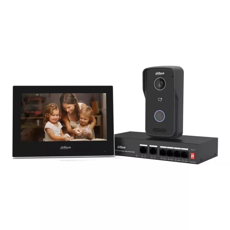 Vaizdo durų skambučio rinkinys DAHUA KTP03 7 inch monitorius, 2 laidų jungtis, PoE, 1024x600, 2MP kamera