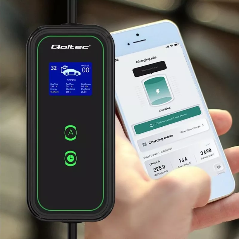 Qoltec Mobile EV automobilio įkroviklis reguliuojamas 2in1 Type2 | 7kW | 230V | CEE 3 kištukas | Wi-Fi | LCD | Nešiojamas | Wallbox | 5m