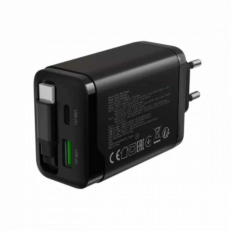 Įkroviklis CANYON OnCharge 65RC su integruotu USB-C laidu, 65W, 1x PD, 1x QC, EU kištukas, Juodas