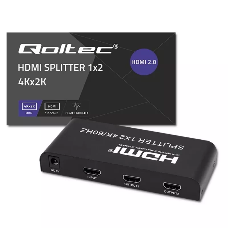 Qoltec 51797 Aktyvus HDMI skirstytuvas 2 x HDMI 4K x 2K | 6Gb/s | 60Hz