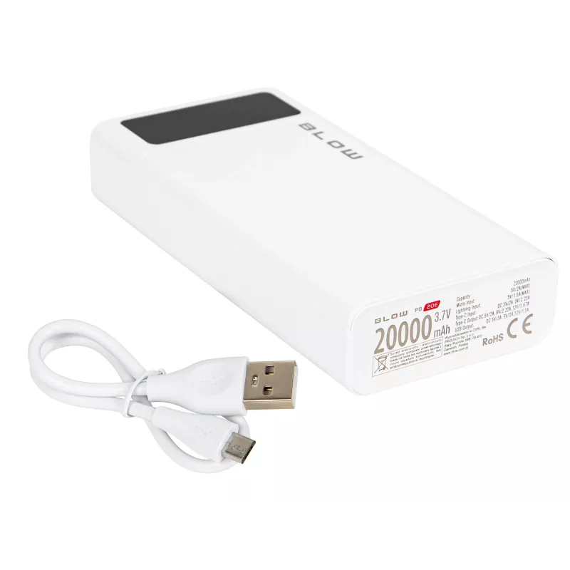 Nešiojamas maitinimo bankas BLOW PB20E 20000mAh QC+PD 20W su USB-C, 2×USB-A, Lightning įėjimu, polimerine baterija