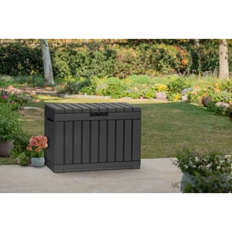 Laikymo dėžė lauke Keter Kentwood 190L – 190 litrų, grafitas, atverčiamas dangtis, 823×457×577 mm