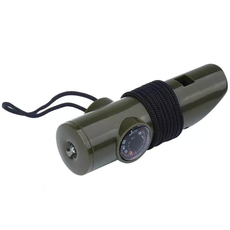Daugiafunkcis išgyvenimo švilpukas Mil-Tec SP.22073 — 6 viename alyvuogių, kompasas, termometras, veidrodis, didinamasis stiklas, šviesa, 100×35×30 mm