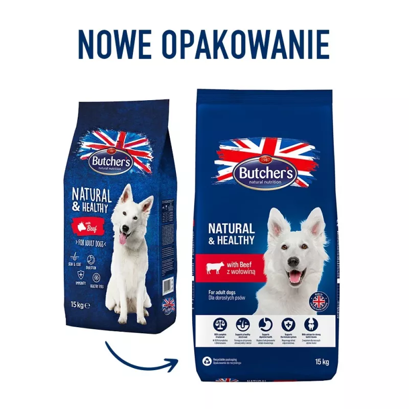 Sausas šunų ėdalas Butcher's Natural & Healthy Adult Beef 15 kg — 20% baltymų, 7,5% riebalų, 3% skaidulų