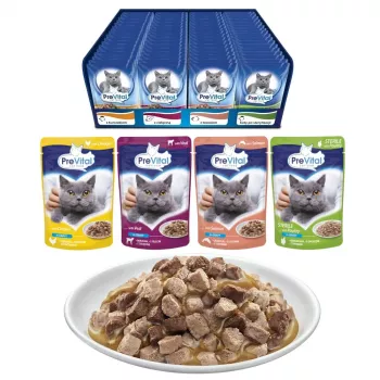 Šlapias kačių ėdalas PREVITAL Cat Food Mix 4 skoniai – vištiena, veršiena, lašiša, paukštiena, 96 x 100 g paketėliai (9,6 kg, suaugusioms katėms)