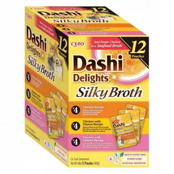 Šlapias kačių ėdalas INABA Dashi Delights Silky Broth Chicken and Salmon mix, 12 x 40 g paketėliai, pilnavertis suaugusių kačių ėdalas