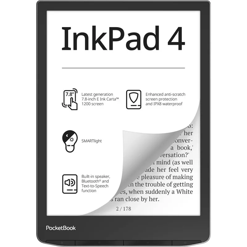PocketBook InkPad 4 – 19,8 cm (7,8 colio) E-Ink Carta skaityklė, 1404 × 1872 px, palaiko ACSM, AZW, AZW3, CBR, CBZ, CHM, DOC, DOCX, DjVu, EPUB, EPUB DRM, FB2, FB2.ZIP, HTM, HTML, MOBI