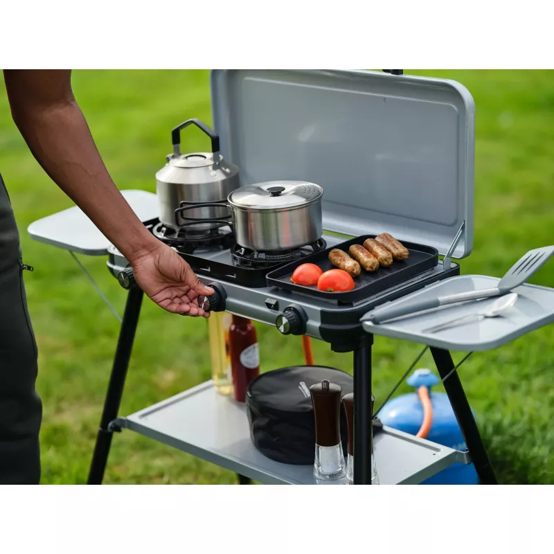 Campingaz Camping Kitchen 2 Multi Cook Plus, dujinė viryklė pilka, 2 kaitvietės 2x 1,8 kW + kepsninė 0,9 kW, modelis 2025