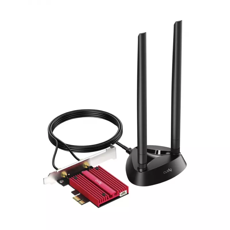 Vidinė WLAN Bluetooth tinklo plokštė Cudy WE9300S PCIe, Wi‑Fi 7 (802.11be) trijuostė 2.4/5/6 GHz, 5765 Mbit/s, Bluetooth 5.4, išorinė 2x2 antena