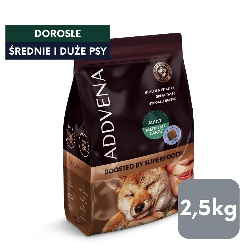 ADDVENA Boosted by superfoods Adult Medium/Large Beef - sausas šunų ėdalas - 2,5kg
