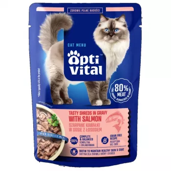 OPTIVITAL Tasty shreds padaže su lašiša - šlapias kačių maistas - 85g