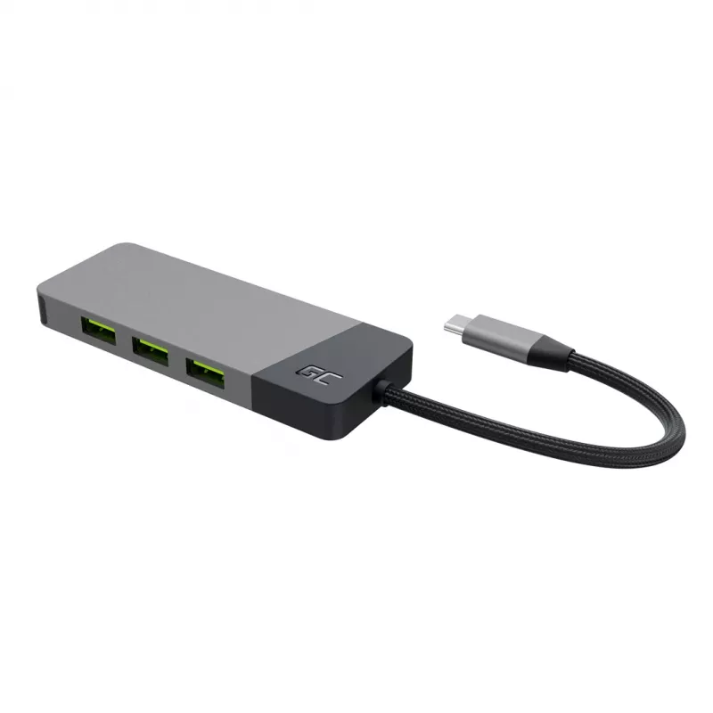 USB Type-C stotelė Green Cell HUBGC01 — 7 prievadai: 3×USB-A 3.2 Gen 1, 1×USB-C 3.2 Gen 1, HDMI, microSD+SD kortelių skaitytuvas — sidabrinė