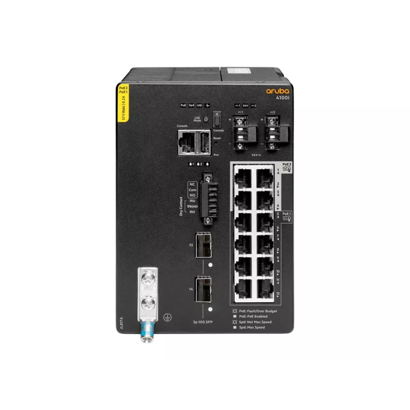 HPE Aruba 4100i – valdomas pramoninis komutatorius, 8x PoE Class 4 + 4x PoE Class 6 + 2x SFP+, DIN bėgelis