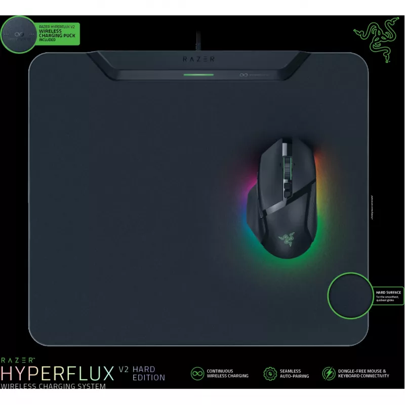 Razer HyperFlux V2 belaidžio įkrovimo žaidimų pelės kilimėlis su įkrovimo pulteliu, kietas variantas, 360 x 311 mm, juodas