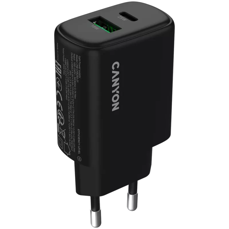 CANYON OnCharge 250 25W 1xPD 1xQC EU juodas