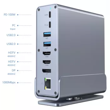 Gembird 15-in-1 USB Type-C kelių prievadų adapteris A-CF-COMBO15-01 — USB 3.2 Gen 2, 4× Type-C, 2× HDMI, DisplayPort, PD 3.0, SD kortelių skaitytuvas, Gigabit LAN, 3,5 mm garsas, pilka