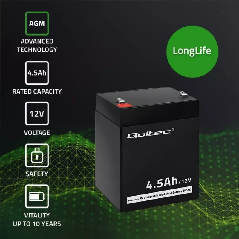 Qoltec AGM akumuliatorius (12 V, 4,5 Ah)