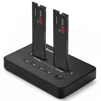Dockavimo stotelė QOLTEC 52366 – dviguba M.2 NVMe PCIe SSD, USB-C 20Gb/s, palaiko iki 2×8TB, neprisijungus klonavimas