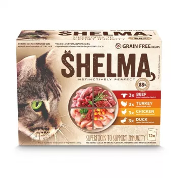 SHELMA su kalakutiena, antiena, vištiena ir jautiena padaže – šlapias ėdalas katėms – 12x85g