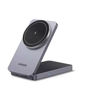 UGREEN W528 2-in-1 belaidis magnetinis įkroviklis telefonams ir ausinėms, pilkas, apsauga nuo trumpojo jungimo ir per žemos įtampos