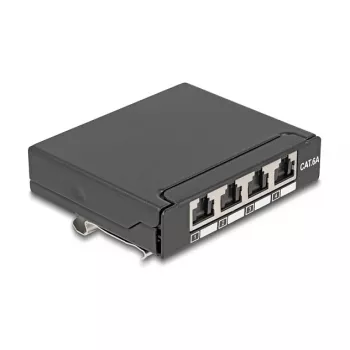 Pataisų skydelis DELOCK Mini Desktop RJ45 4 prievadų Cat.6A ekranuotas, juodas, metalinis, 90×22×93 mm