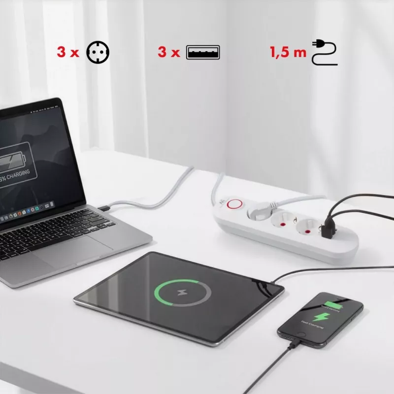 Maitinimo juosta MACLEAN MCE394W – 3 lizdai, 3×USB 2.1A, 110–240V AC, 2500W, 1,5 m laidas, balta