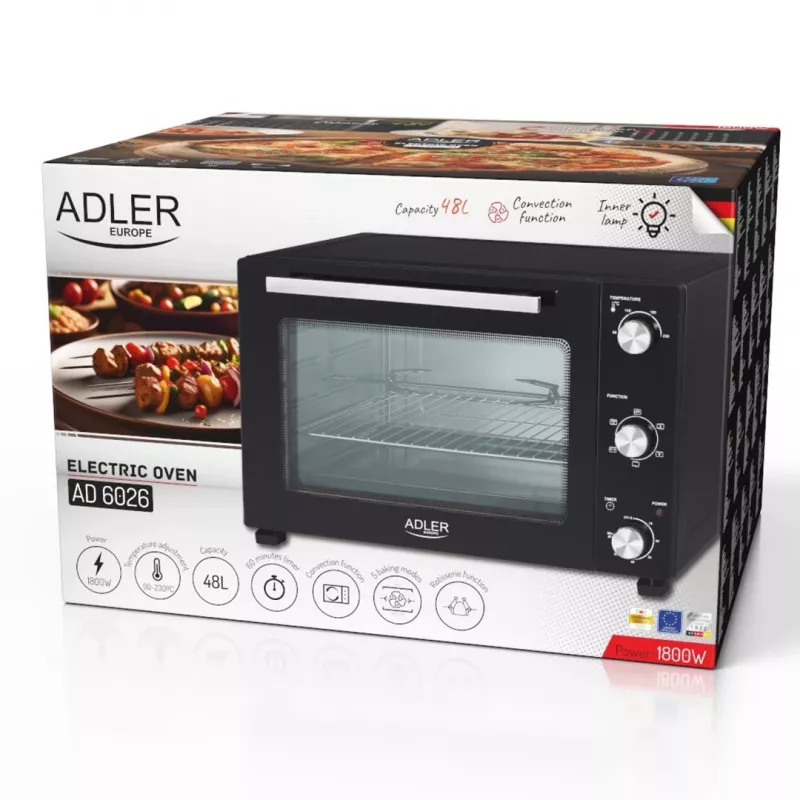 Elektrinė kompaktiška stalviršinė orkaitė Adler AD 6026 – 48 L, 1800 W, laisvai pastatoma, mechaninis laikmatis