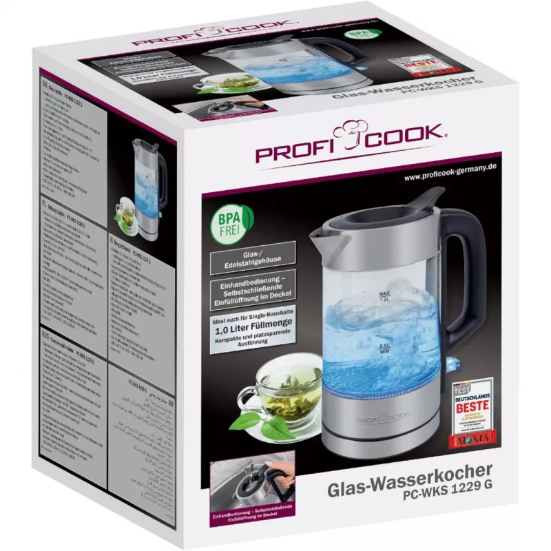 ProfiCook PC-WKS 1229 G elektrinis virdulys 1 L 1600 W Nerūdijantis plienas, Skaidrus