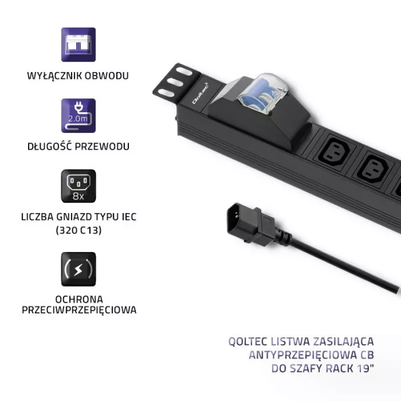 Qoltec 53999 19 colių stelažo maitinimo juosta PDU, 1U, 8x IEC C13, 10 A, su automatiniu jungikliu, 2 m