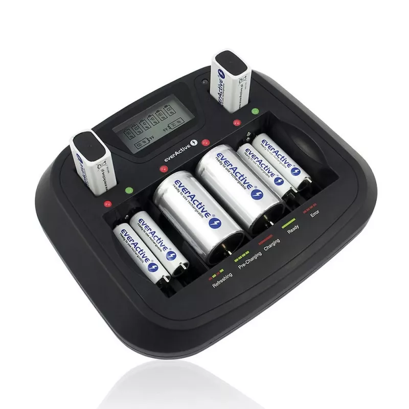Įkroviklis baterijoms everActive NC-900U Universal DC – įkrauna AA, AAA, C, D, 9V, iki 6 elementų, juodas