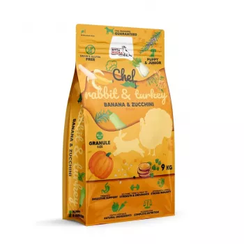 SYTA MICHA Chef Puppy Rabbit – sausas šunų ėdalas su triušiena, kalakutiena, bananais ir cukinijomis, 9 kg