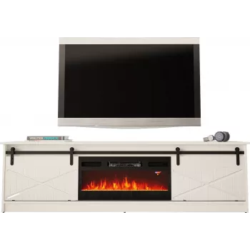 Spintelė televizoriui su elektriniu židiniu Cama Meble GRANERO modelis RTV GRANERO + KOM B/B, 200x56,7x35 cm, balta/blizganti balta, 2 durys, 2 lentynos, MDF/mdrožlė