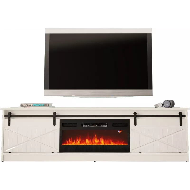 Spintelė televizoriui su elektriniu židiniu Cama Meble GRANERO modelis RTV GRANERO + KOM B/B, 200x56,7x35 cm, balta/blizganti balta, 2 durys, 2 lentynos, MDF/mdrožlė