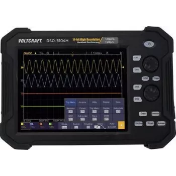 VOLTCRAFT DSO-5104H Nešiojamasis osciloskopas, 100 MHz, 4 kanalai, 1 GSa/s, 40 Mpts, 14 bitų, rankinis prietaisas (VC-11332625)