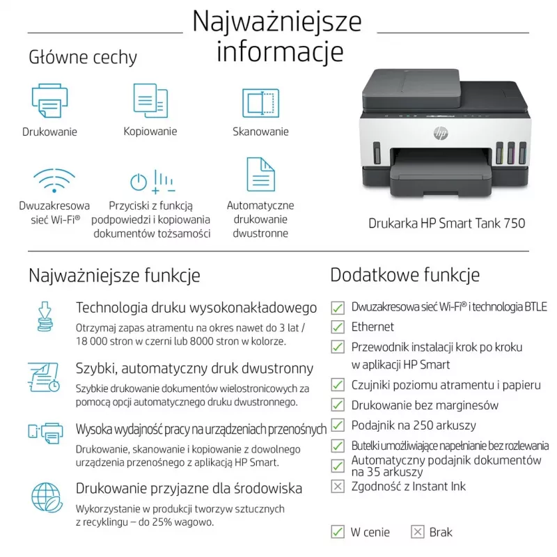 Daugiafunkcis spausdintuvas HP Smart Tank 750 nuolatinio rašalo sistema spalvotas Wi-Fi Smart App dvipusis ADF automatinis dokumentų tiekiklis