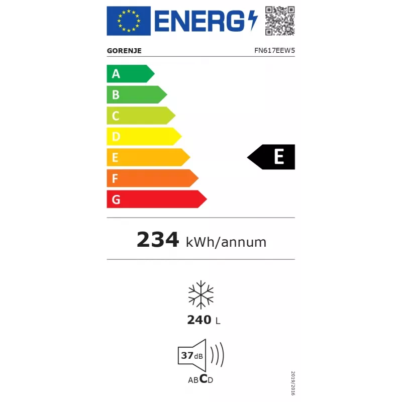 Šaldiklis vertikalus Gorenje FN617EEW5 — 240 L, No Frost, 172 cm aukštis, laisvai pastatomas, baltas, ekranas, Energijos klasė E