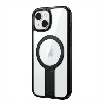 Apsauginis dėklas GUAN Apple iPhone 16 su 10H grūdintu stiklu ir integruota kojelė, permatomas/juodas