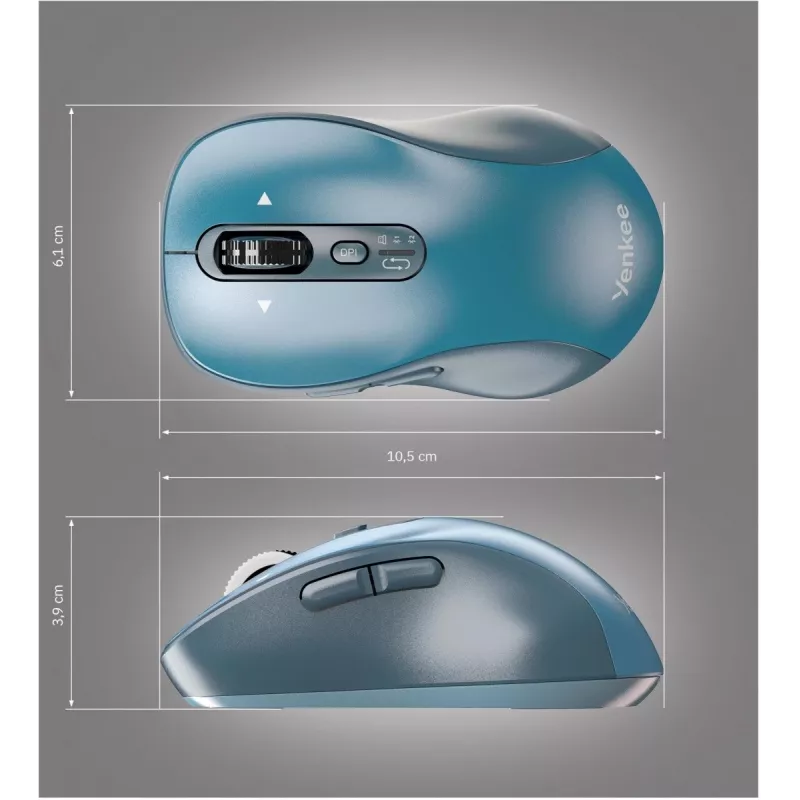 Belaidė pelė YENKEE YMS2010BE dviejų režimų ergonomiška, 2,4 GHz USB imtuvas + Bluetooth 5.1, 4 lygių DPI 1000–3200, 6 mygtukai