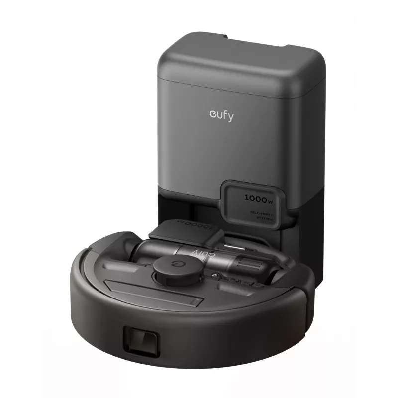 Robotas dulkių siurblys Eufy E20 Black – apvalus, su dulkėms surinkimo baze, 150 min veikimo laikas, 35 cm skersmuo