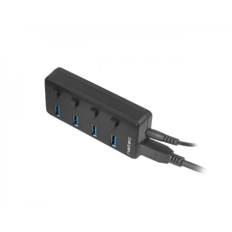 Natec Mantis 2 NHU-1557 USB 3.0 skirstytuvas 4 prievadų, USB Type-B įvestis, įjungimo/išjungimo mygtukai, maitinimo blokas, juodas