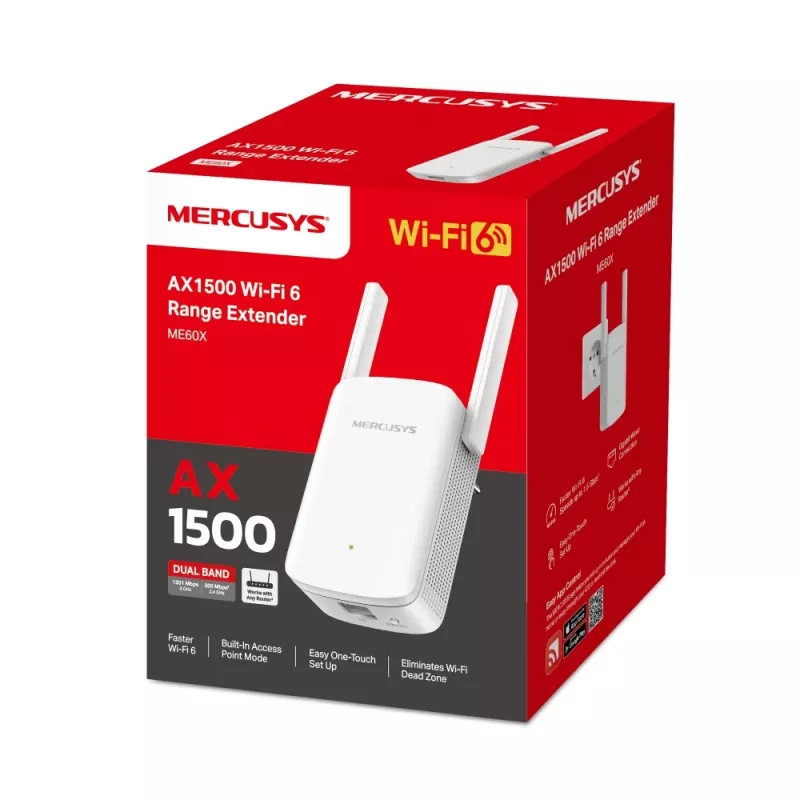 Mercusys ME60X Wi-Fi 6 AX1500 dviejų juostų signalo kartotuvas