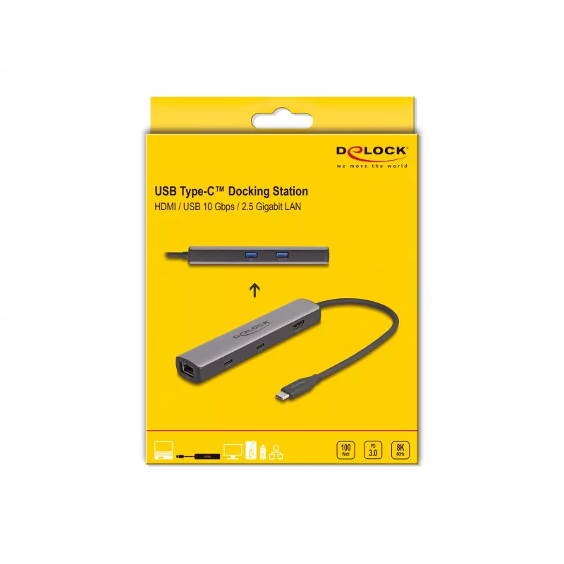 DeLOCK USB Type-C dokavimo stotelė 8K HDMI USB 10 Gbps 2.5 Gigabit LAN PD 100W