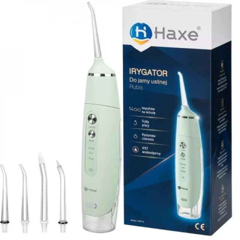Belaidis oralinis irigatorius Haxe RUBIS HX 716 — vandens slėgis 30–90 psi, 3 galios lygiai, 0,165 L talpa, 4 antgaliai, žalia spalva