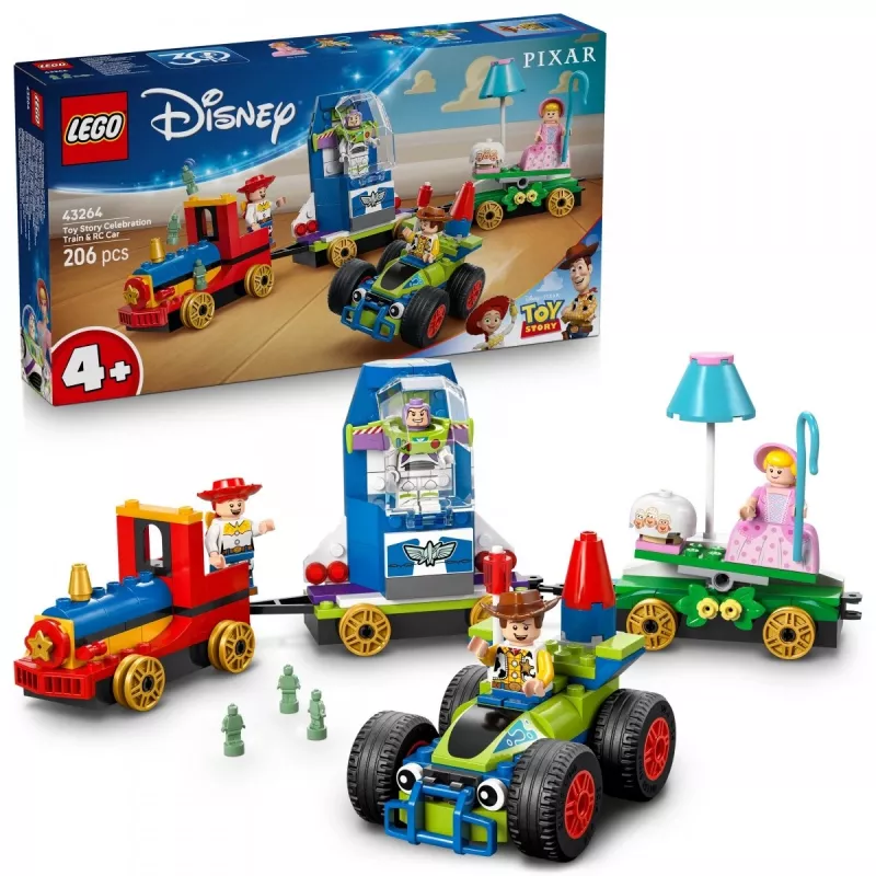 LEGO Disney Toy Story šventinis traukinys ir RC automobilis 43264 – 206 dalių, 4 minifigūrėlės, nuo 4 metų