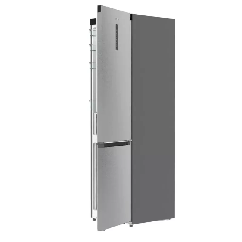 Šaldytuvas su šaldikliu Gorenje NRB620E61X4WFE, laisvai pastatomas, nerūdijantis plienas, bendras tūris 413 L, šaldiklis apačioje 130 L, NoFrost, LED ekranas