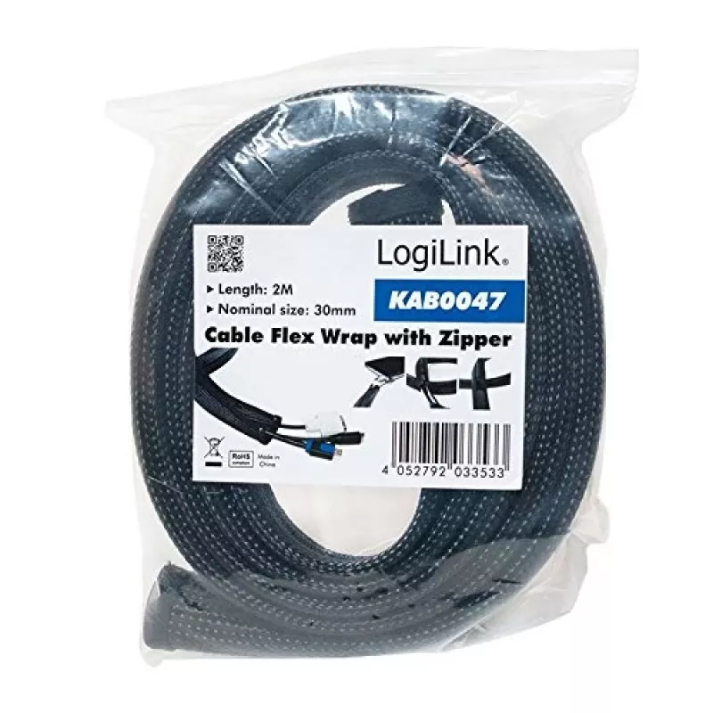 LOGILINK KAB0047 Lankstus kabelių organizatorius su užtrauktuku, juodas 2m